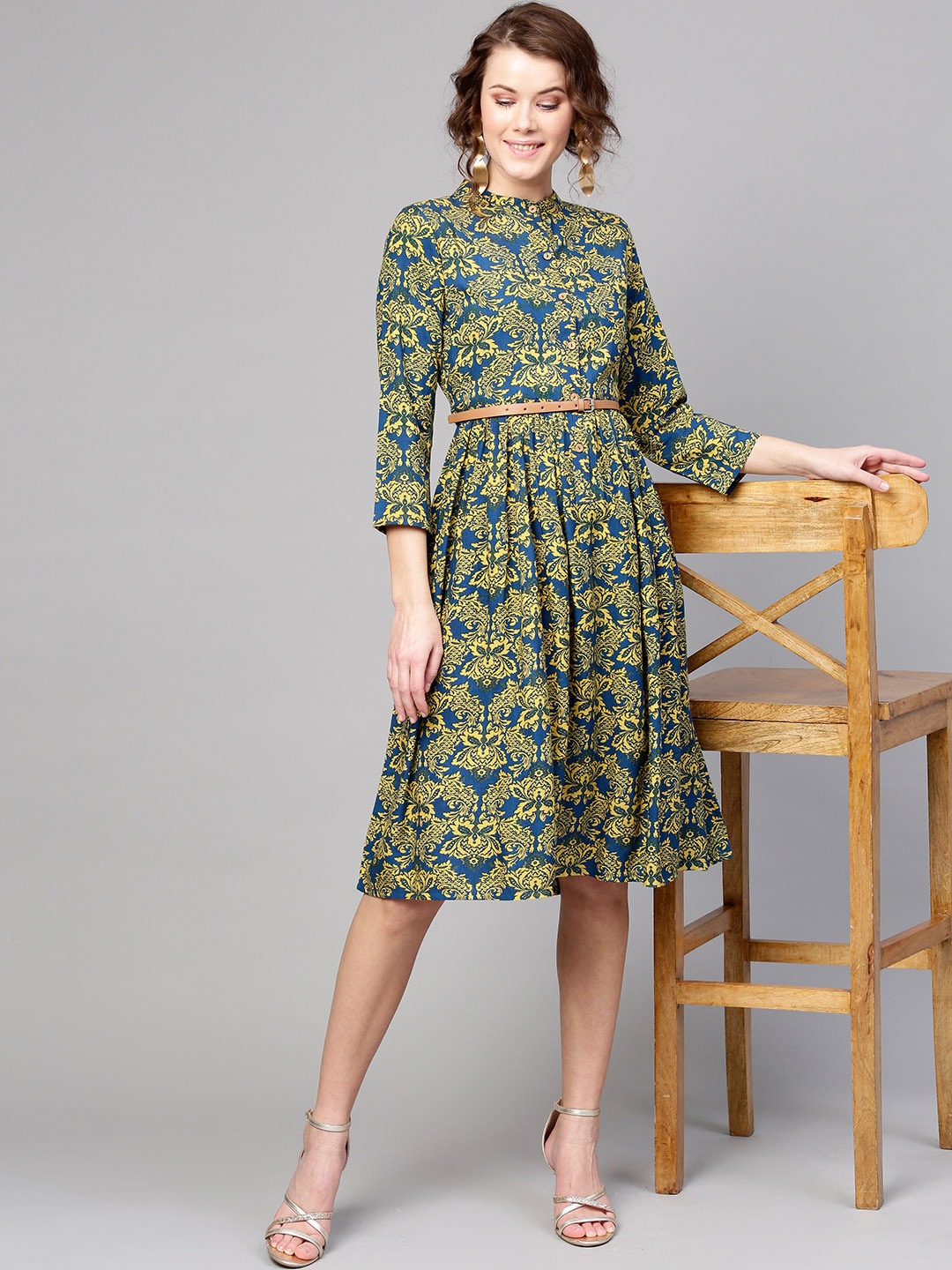 

SASSAFRAS Women Navy Blue & Mustard Yellow Printed A-Line Dress