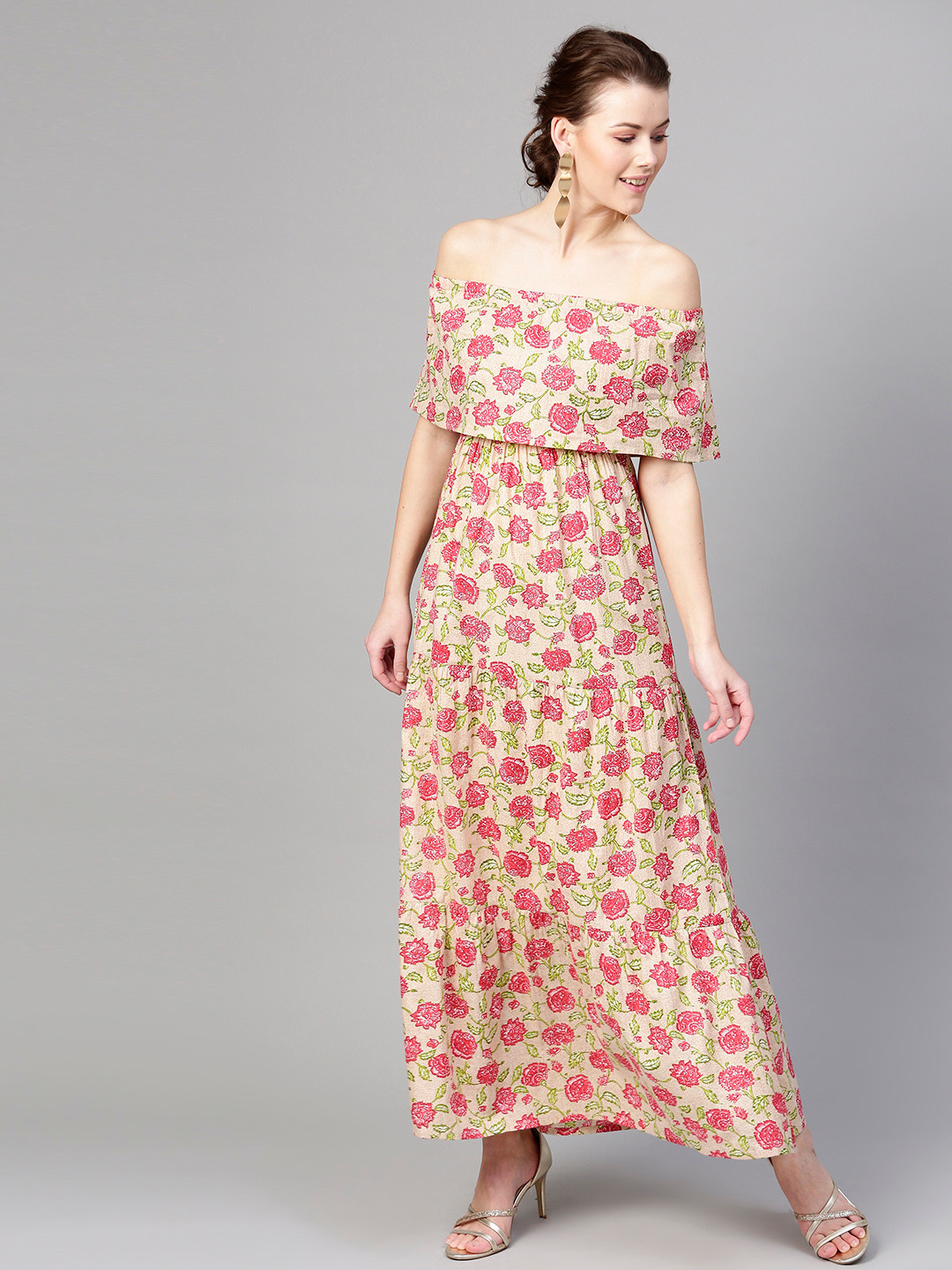 

SASSAFRAS Women Beige & Pink Printed Tiered Maxi Dress