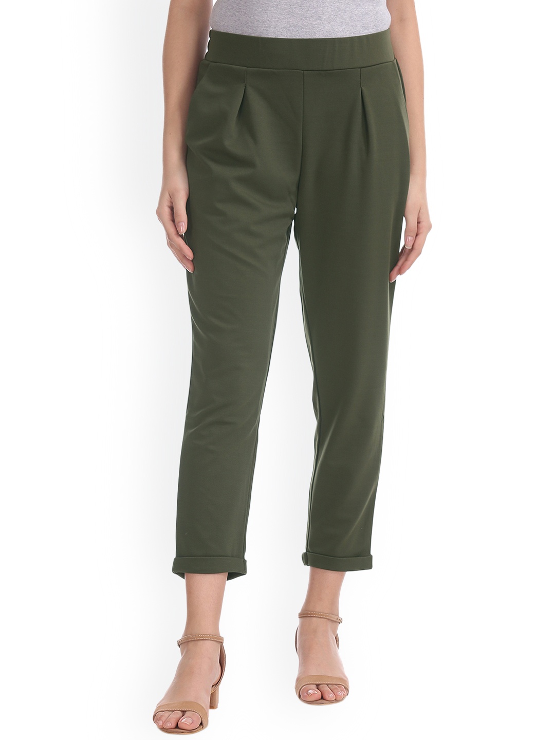 

Sugr Women Olive Green Regular Fit Solid Regular Cropped Trousers
