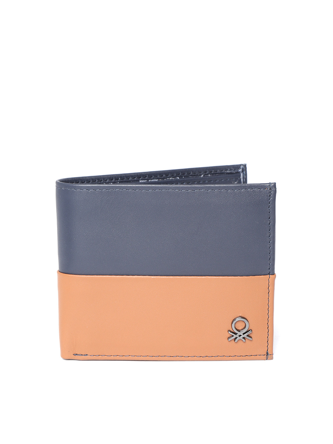 

United Colors of Benetton Men Navy Blue & Brown Colourblocked Two Fold Leather Wallet