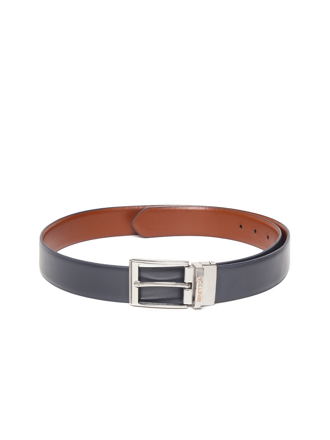 United Colors of Benetton Men Navy Blue & Tan Brown Solid Reversible Leather Belt