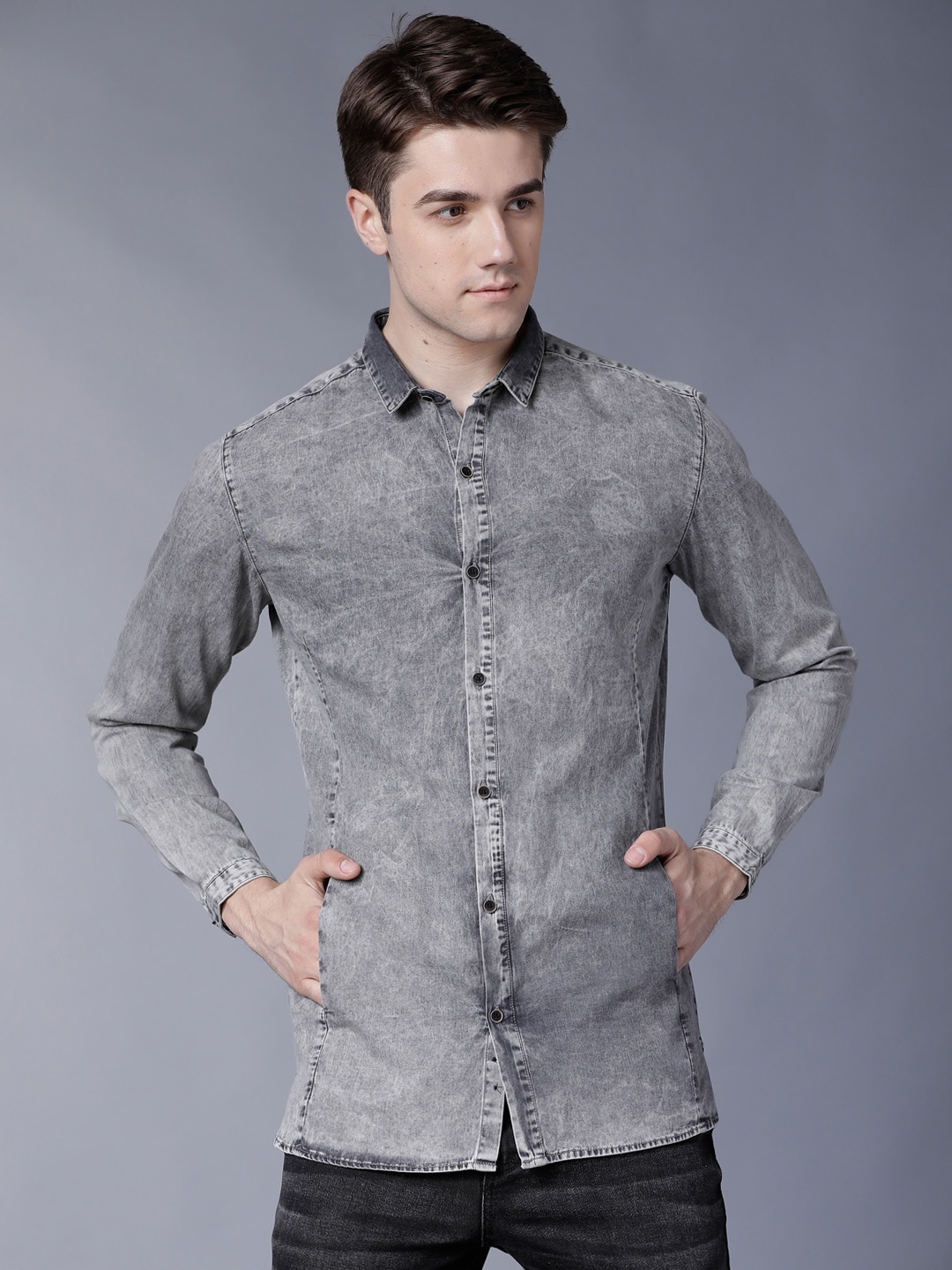 

LOCOMOTIVE Men Grey Slim Fit Solid Casual Shirt