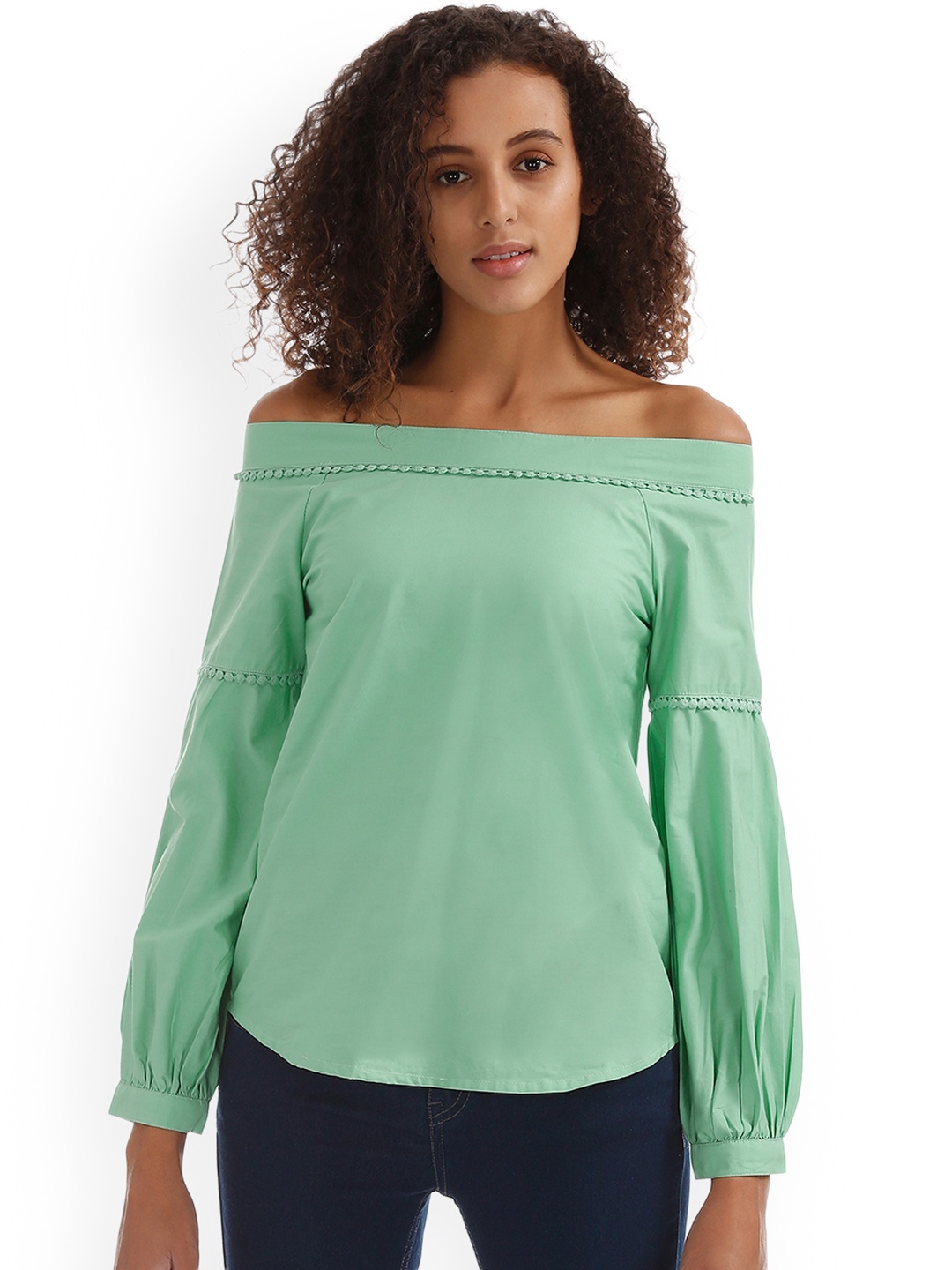 

Cherokee Women Sea Green Solid Bardot Pure Cotton Top
