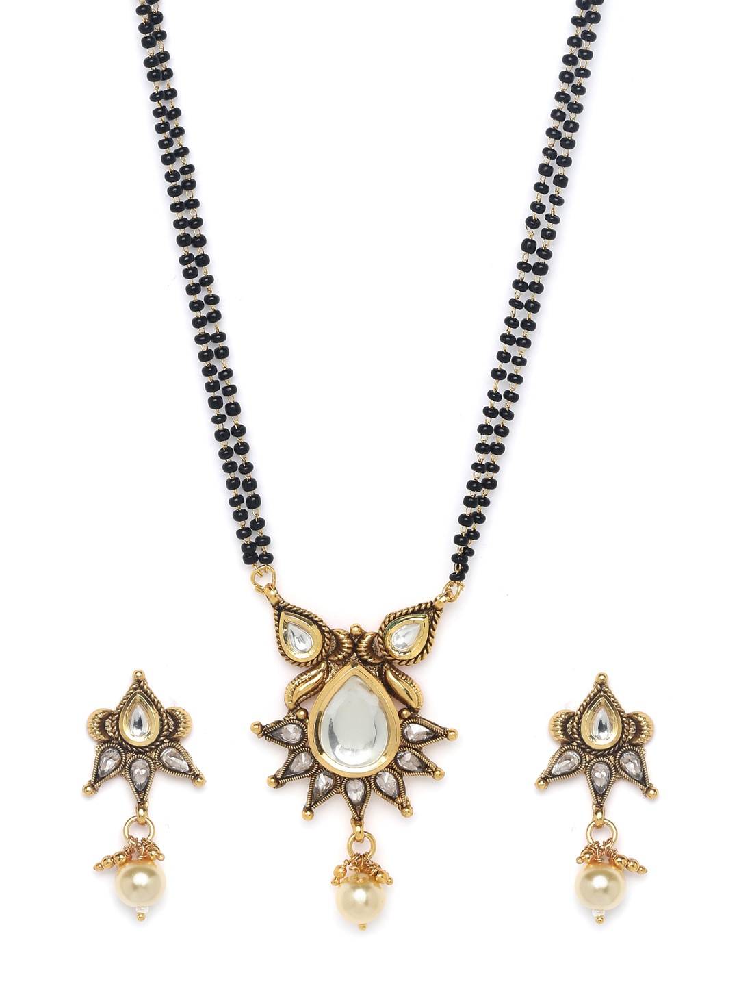 

PANASH Gold-Plated & Black Kundan & Pearl Studded Mangalsutra & Earrings Set