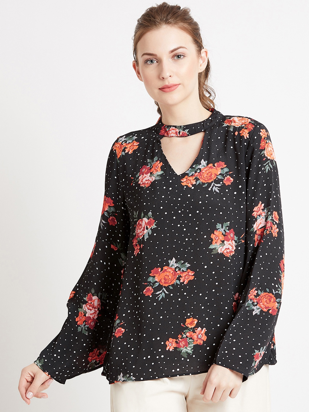 

COVER STORY Women Black Floral Print A-Line Top