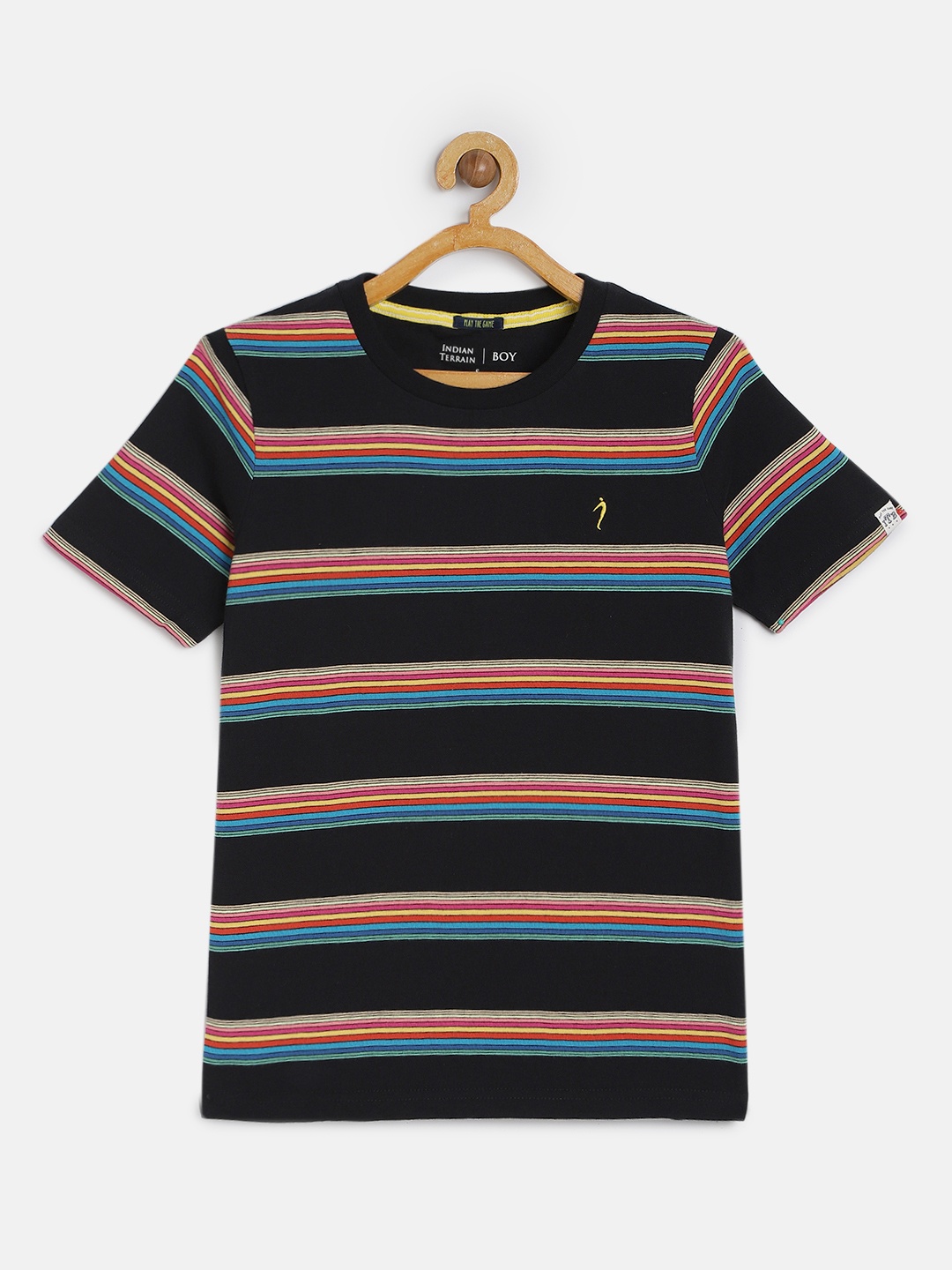 

Indian Terrain Boys Black Red Striped Round Neck Pure Cotton T-shirt