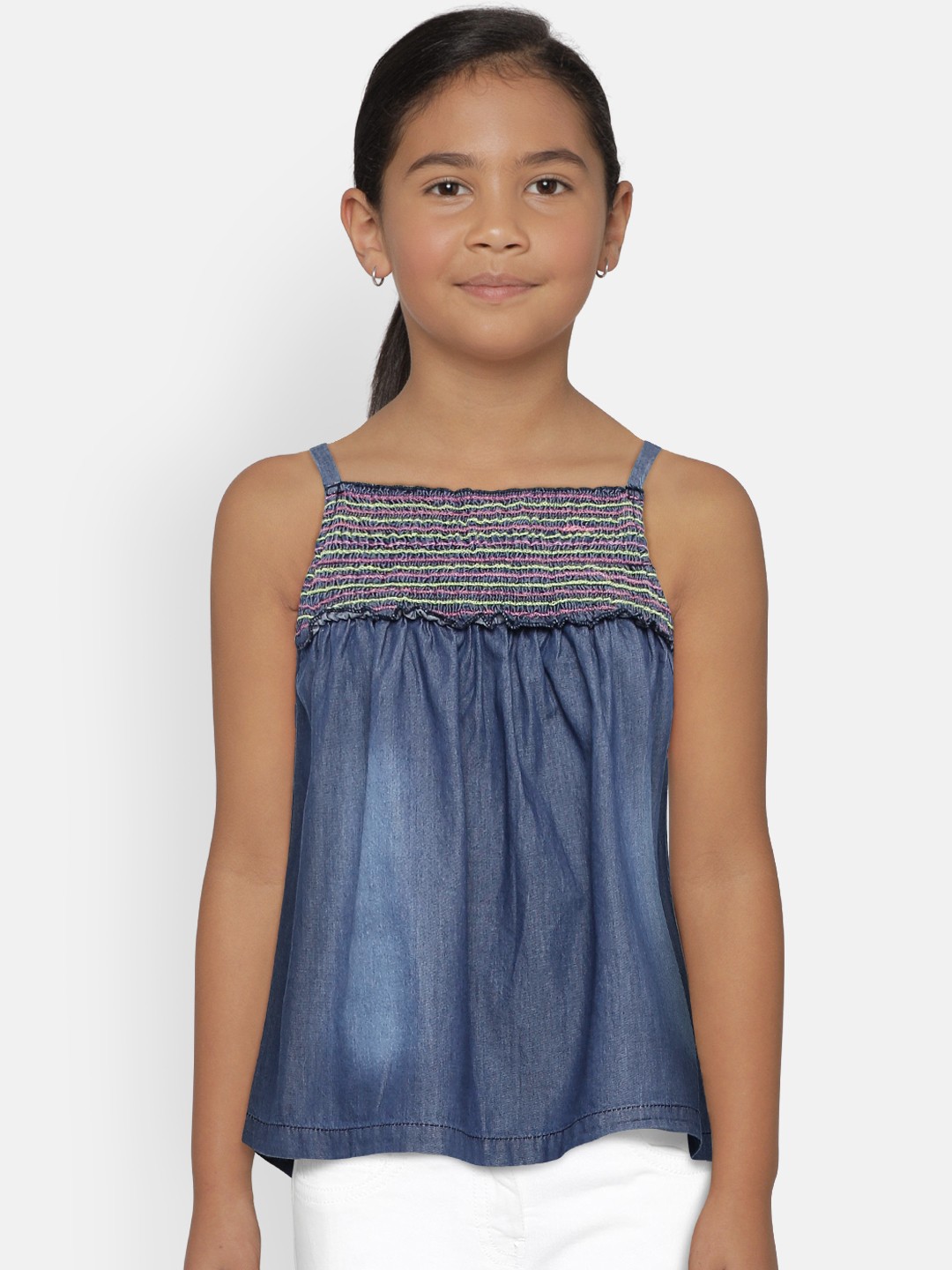 

612 league Girls Blue Chambray Solid A-Line Top