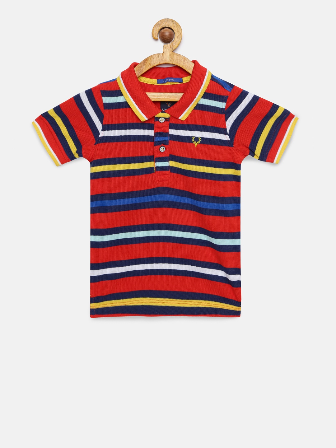 

Allen Solly Junior Boys Red & Navy Blue Striped Polo Collar T-shirt