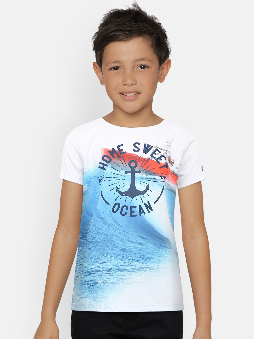 

Allen Solly Junior Boys White & Blue Printed Round Neck T-shirt