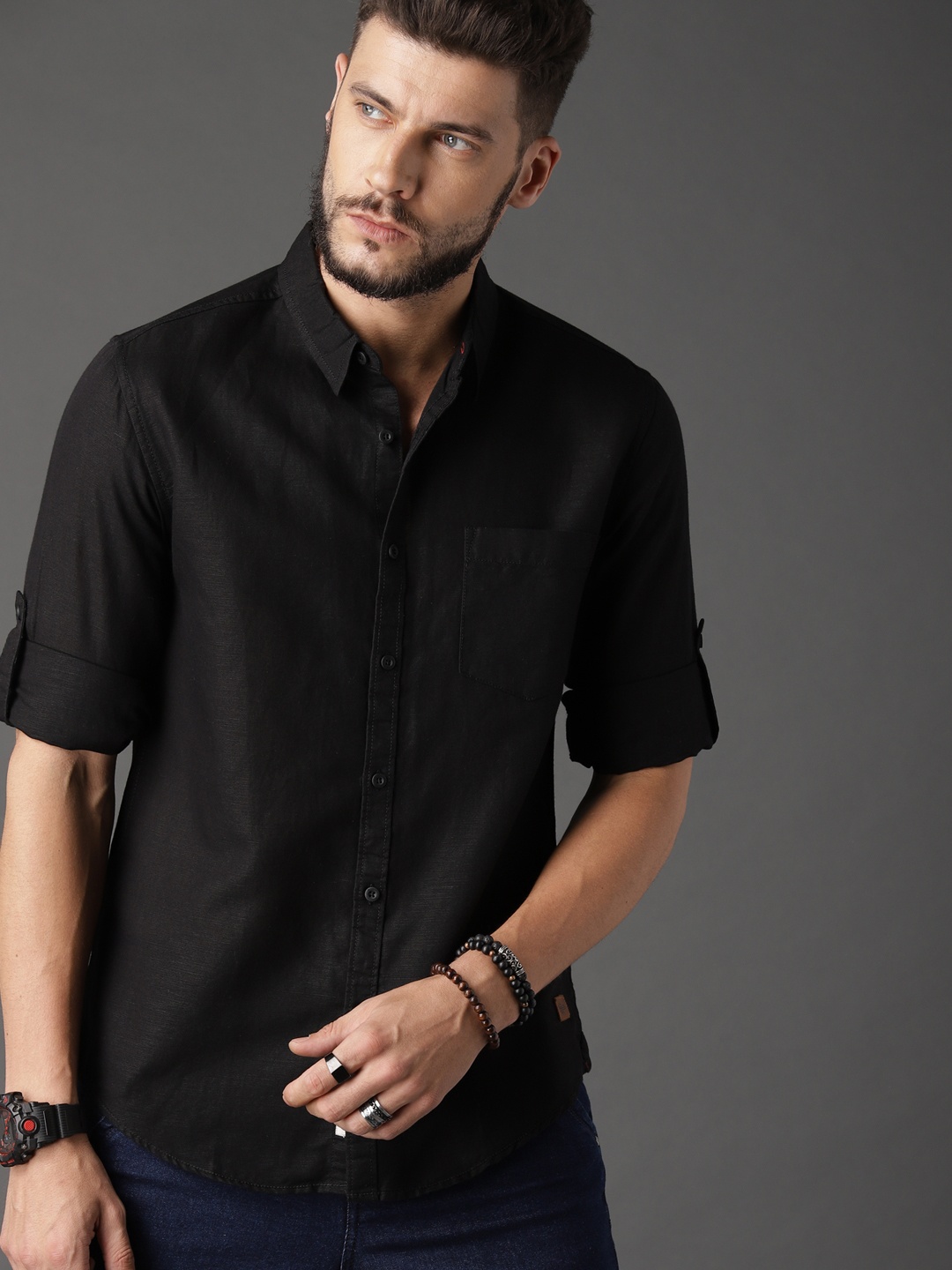 

Roadster Men Black Regular Fit Cotton Linen Casual Sustainable Shirt