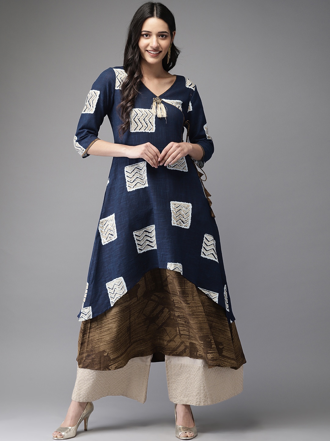 

Anouk Women Navy & Olive Green Printed A-Line Layered Fusion Kurta