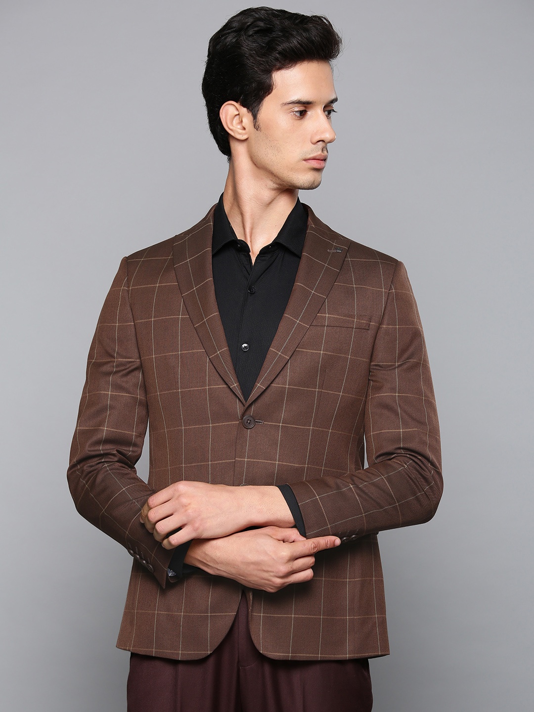 

Louis Philippe Men Brown Self-Checked Single-Breasted Slim Fit Formal Blazer