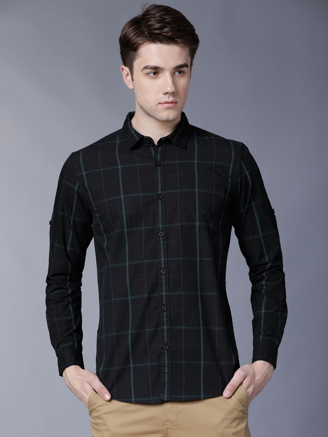 

HIGHLANDER Men Black & Grey Slim Fit Checked Casual Shirt