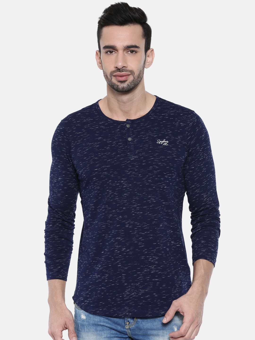 

SPYKAR Men Navy Solid Henley Neck T-shirt, Navy blue