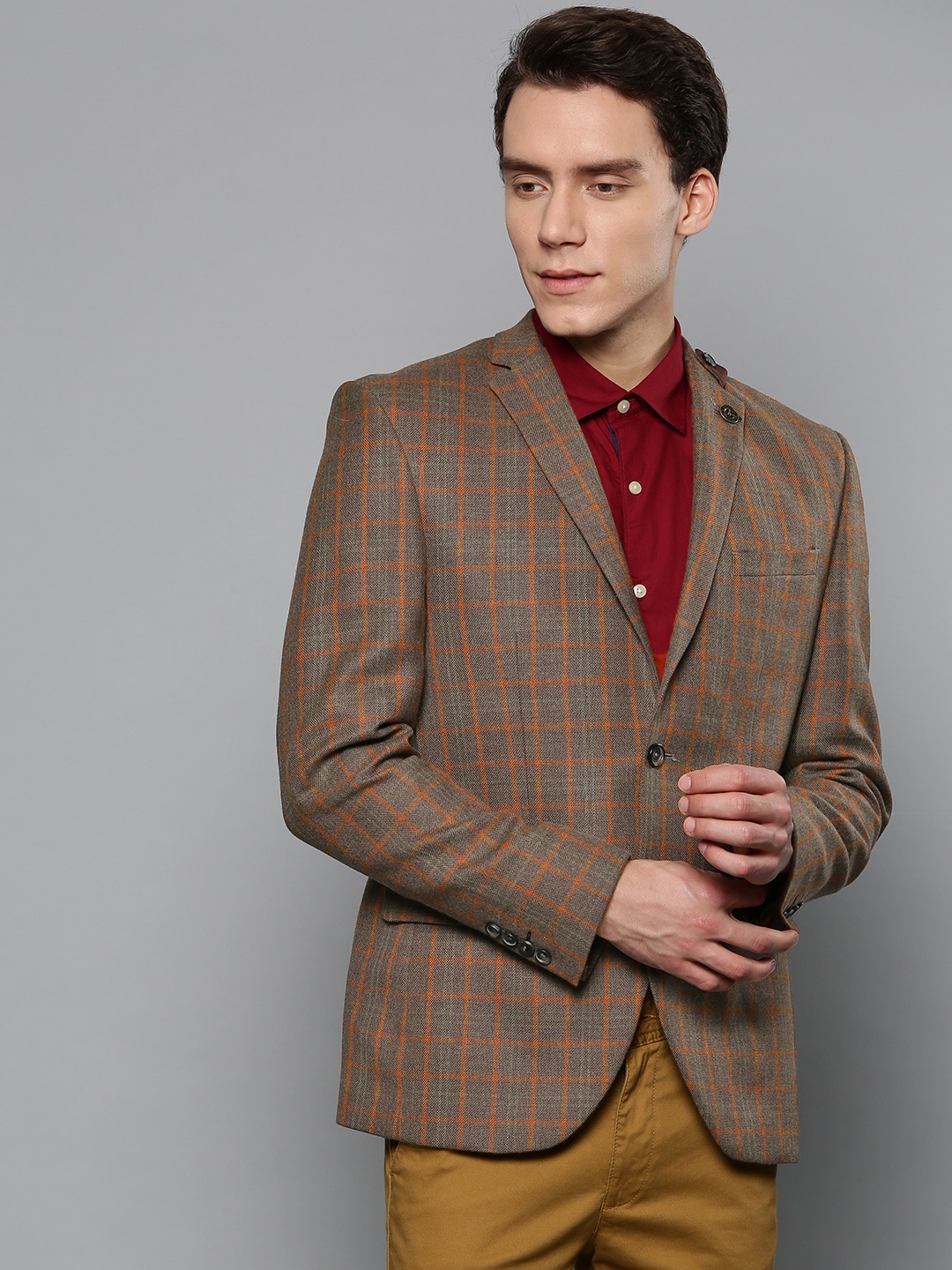 

Blackberrys Men Brown & Orange Checked Slim Fit Smart Casual Blazer, Bronze
