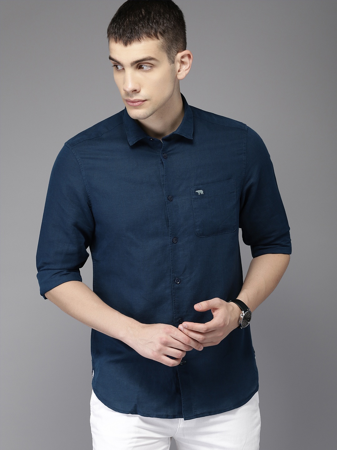 

THE BEAR HOUSE Men Navy Blue Club Slim Fit Solid Casual Shirt