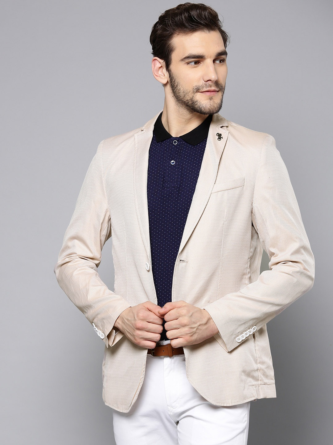 

Blackberrys Men Beige Slim Fit Single-Breasted Smart Casual Pure Cotton Blazer