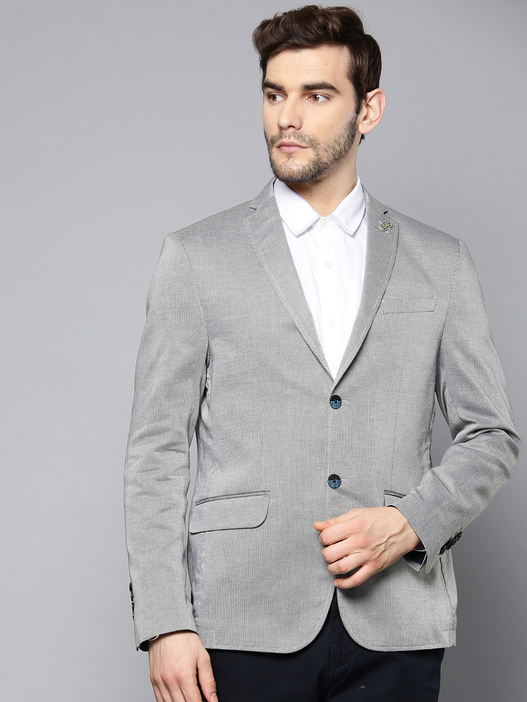 

Blackberrys Men Grey Self-Design Slim Fit Single-Breasted Smart Casual Pure Cotton Blazer