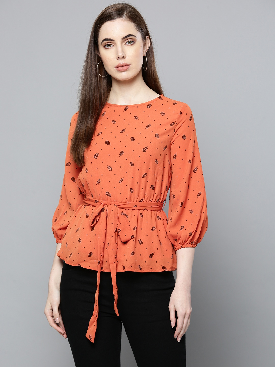 

Chemistry Women Rust Orange & Black Printed Cinched Waist Top