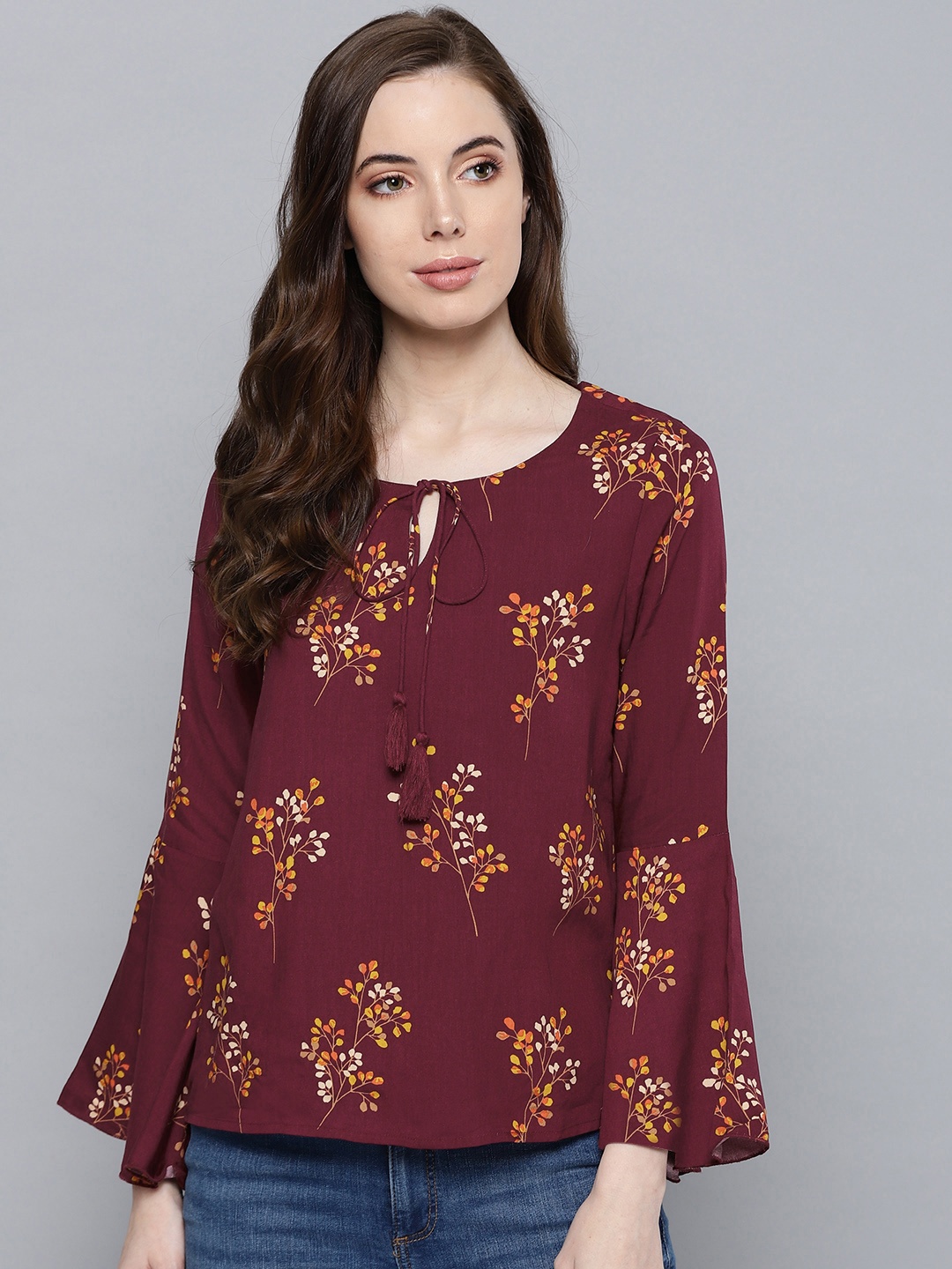 

Chemistry Women Burgundy & Yellow Printed Top