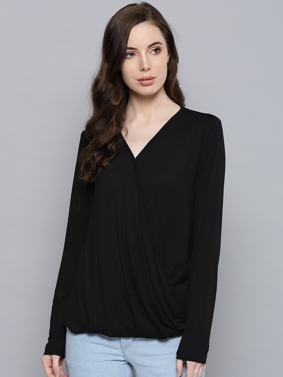 

Chemistry Women Black Solid Wrap Top