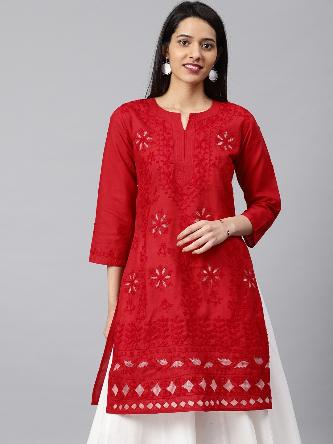 

Saadgi Red Chikankari Embroidered Kurta