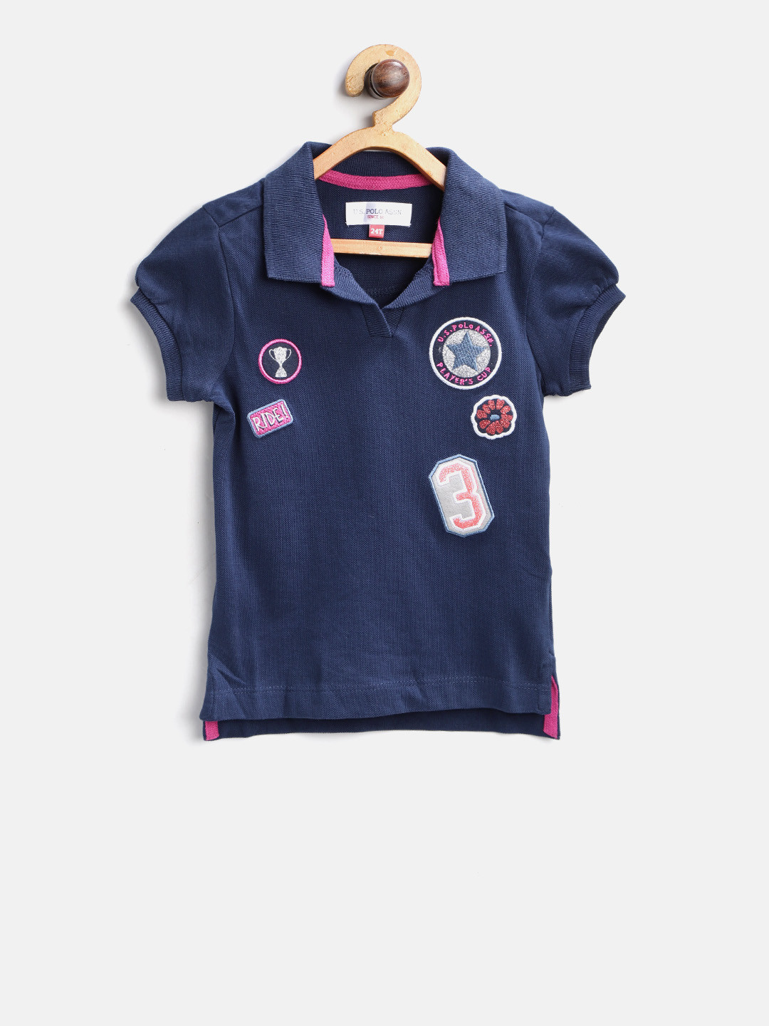 

U.S. Polo Assn. Kids Girls Navy Blue Solid Polo Collar T-shirt