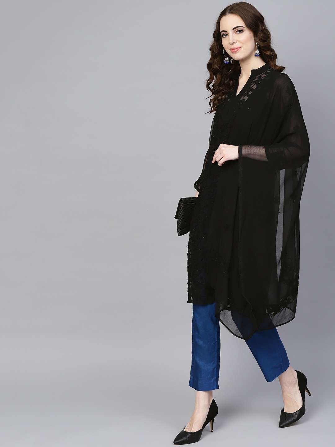 

Saadgi Black Chikankari Embroidered Handloom Sheer Straight Kurta with Dupatta