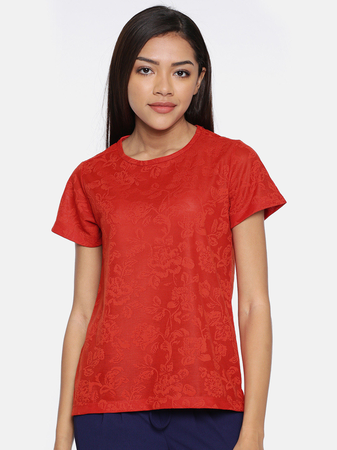 

Allen Solly Woman Red Self Design Round Neck T-shirt
