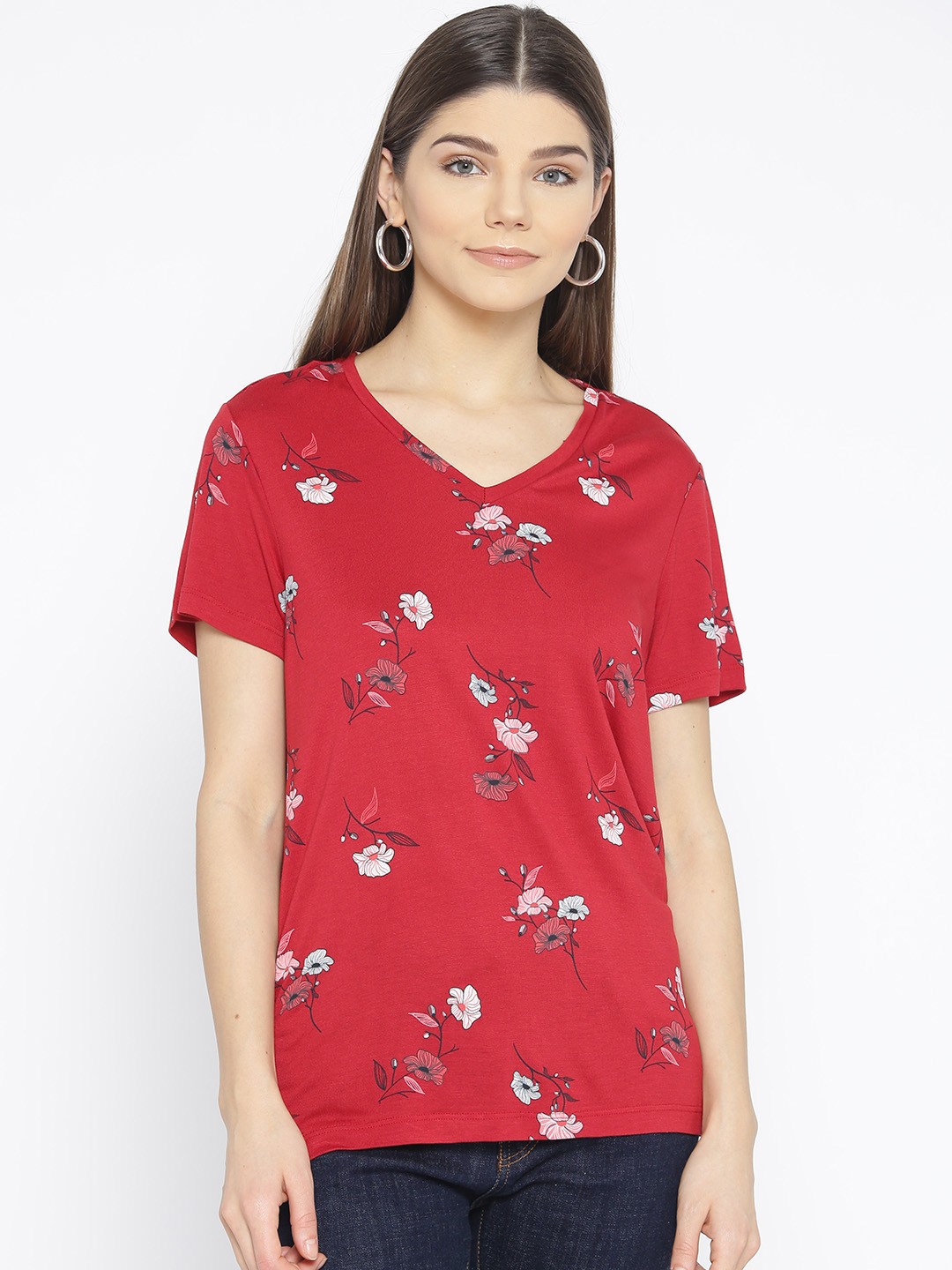 

Allen Solly Woman Women Red Floral Print V-Neck T-shirt