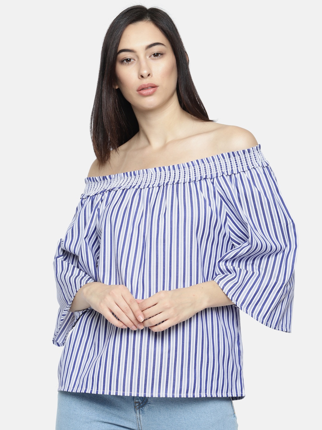 

Allen Solly Woman Navy Blue & White Striped Bardot Pure Cotton Top