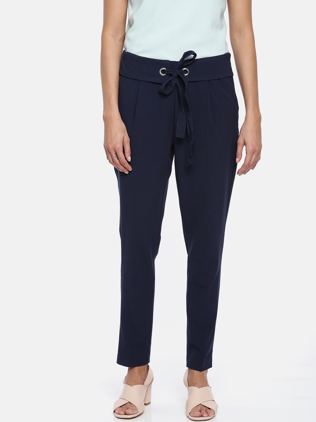 

Allen Solly Woman Women Navy Blue Regular Fit Striped Regular Trousers