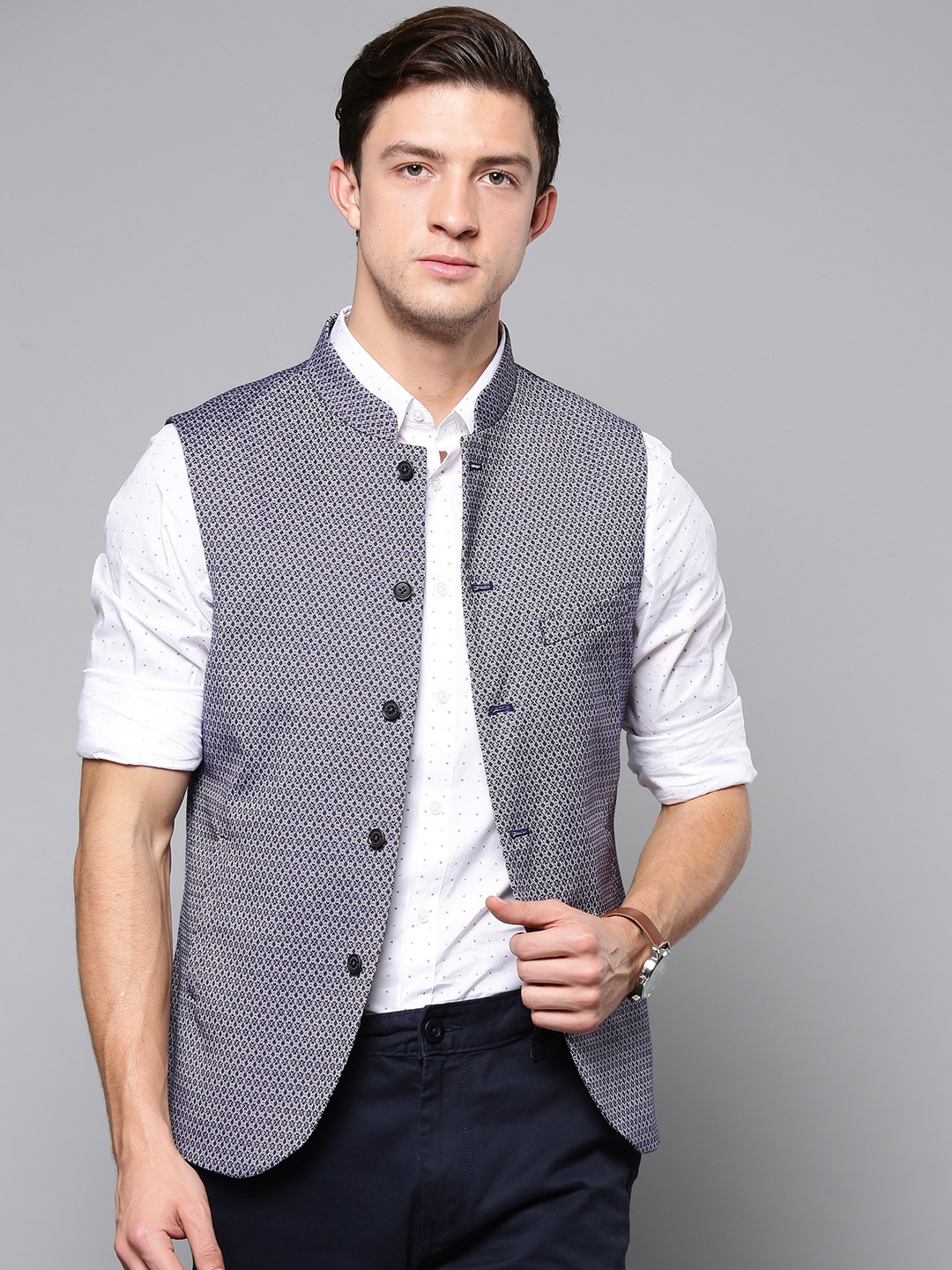 

Blackberrys Men Navy Blue & White Self-Design Slim Fit Nehru Jacket