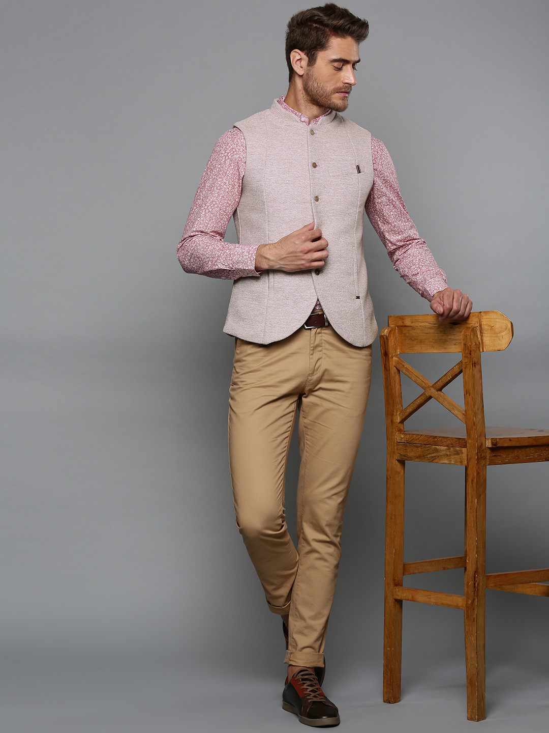 

Blackberrys Men Beige Self-Design Slim Fit Nehru Jacket
