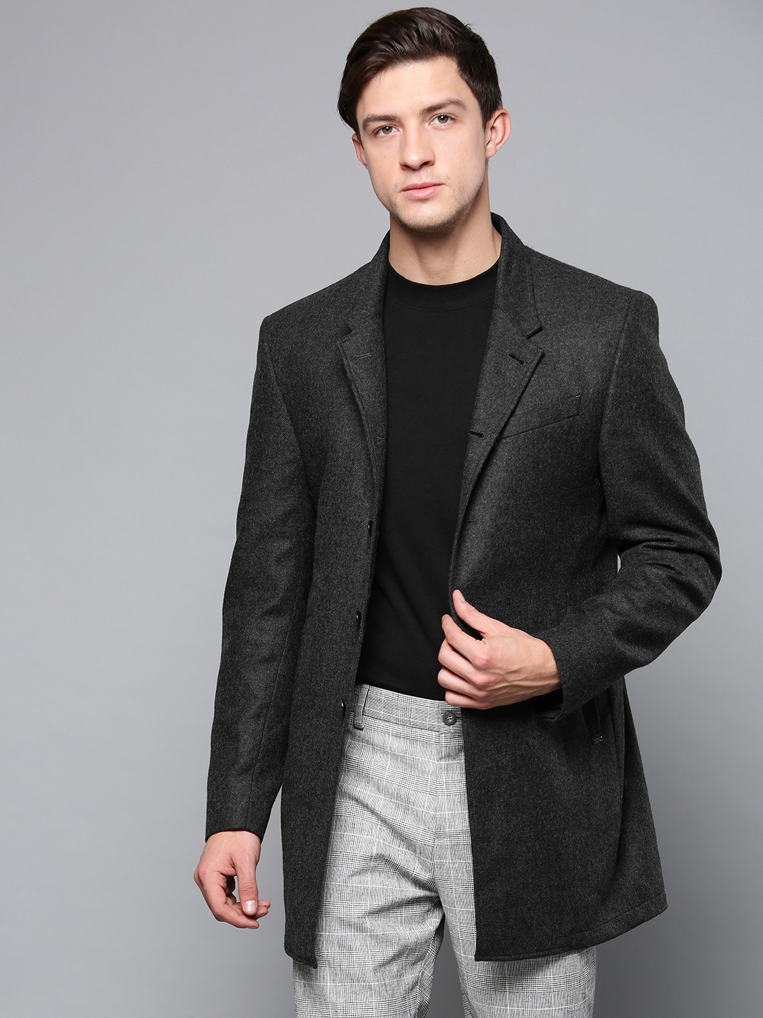 

Blackberrys Men Charcoal Grey Solid Single-Breasted Slim Fit Smart Casual Longline Blazer