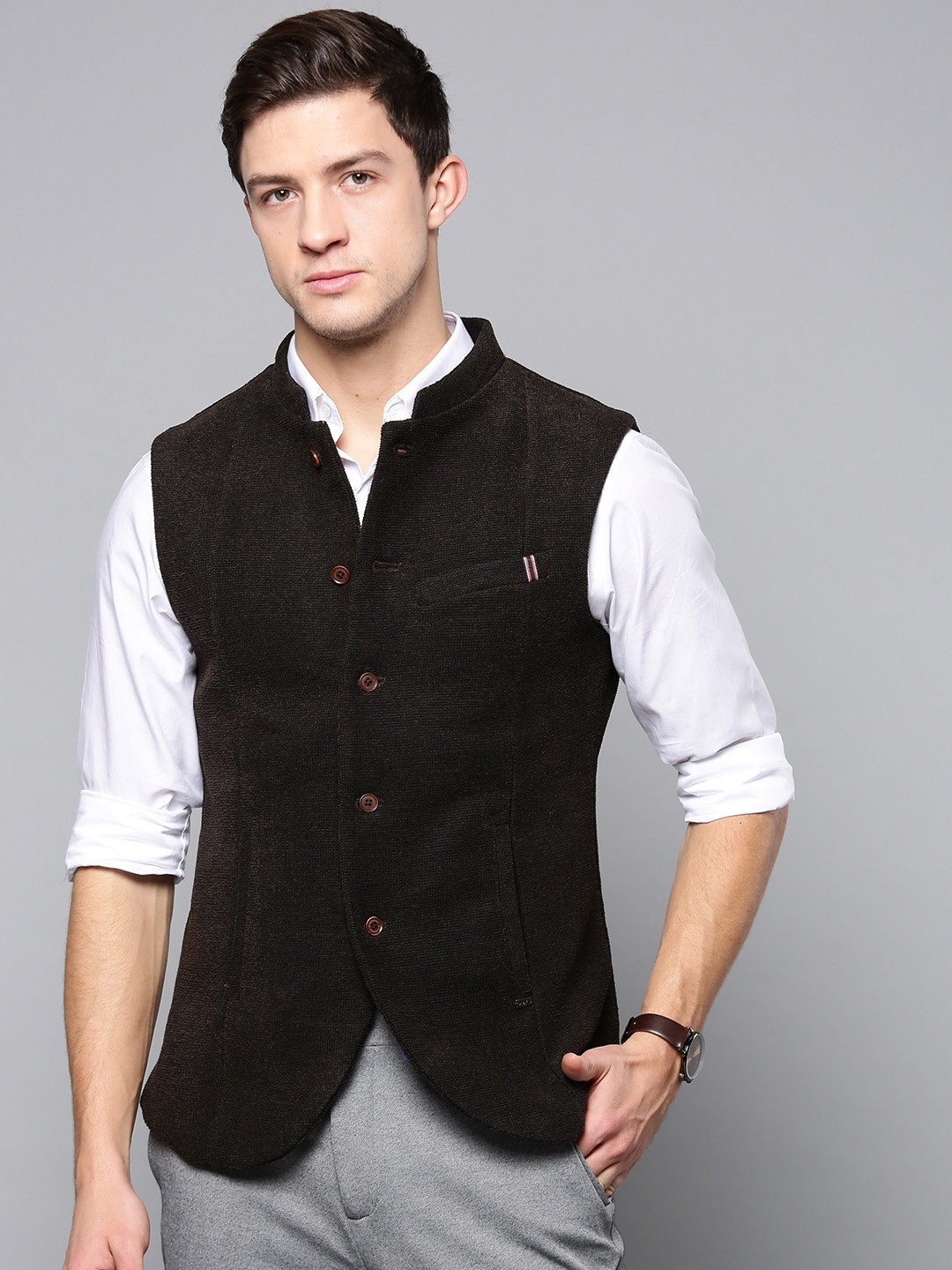 

Blackberrys Men Coffee Brown Solid Slim Fit Nehru Jacket