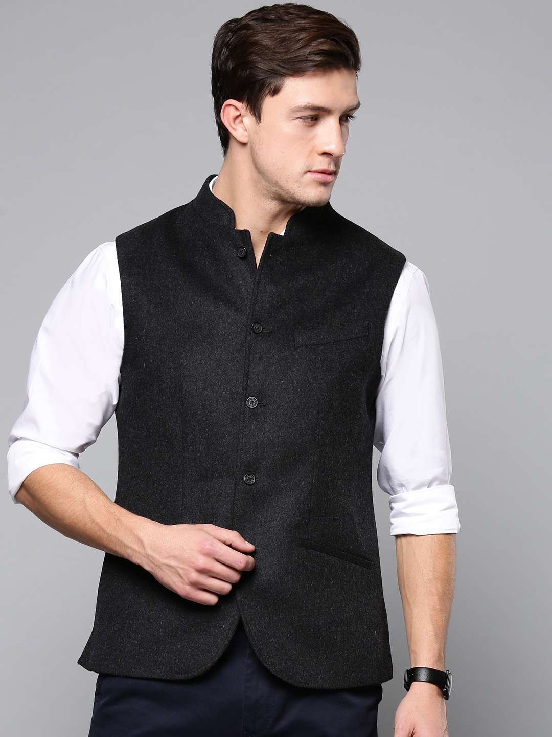 

Blackberrys Men Charcoal Grey Solid Slim Fit Nehru Jacket