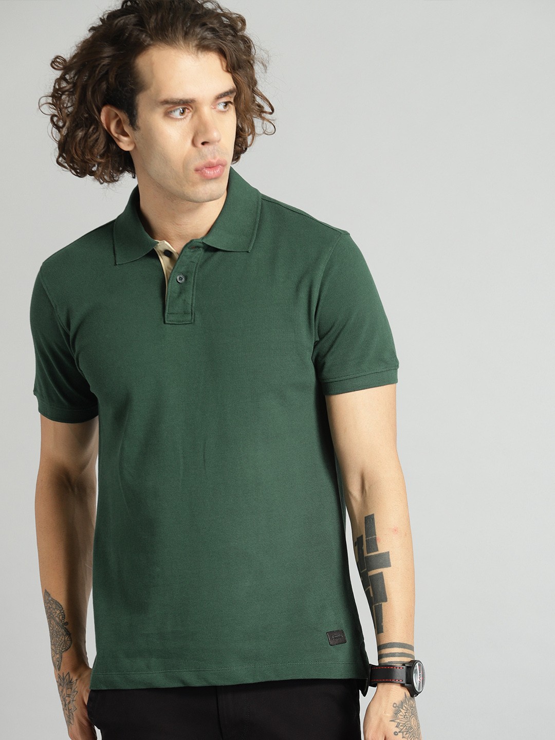 

Roadster Men Olive Green Solid Polo Collar Pure Cotton T-shirt