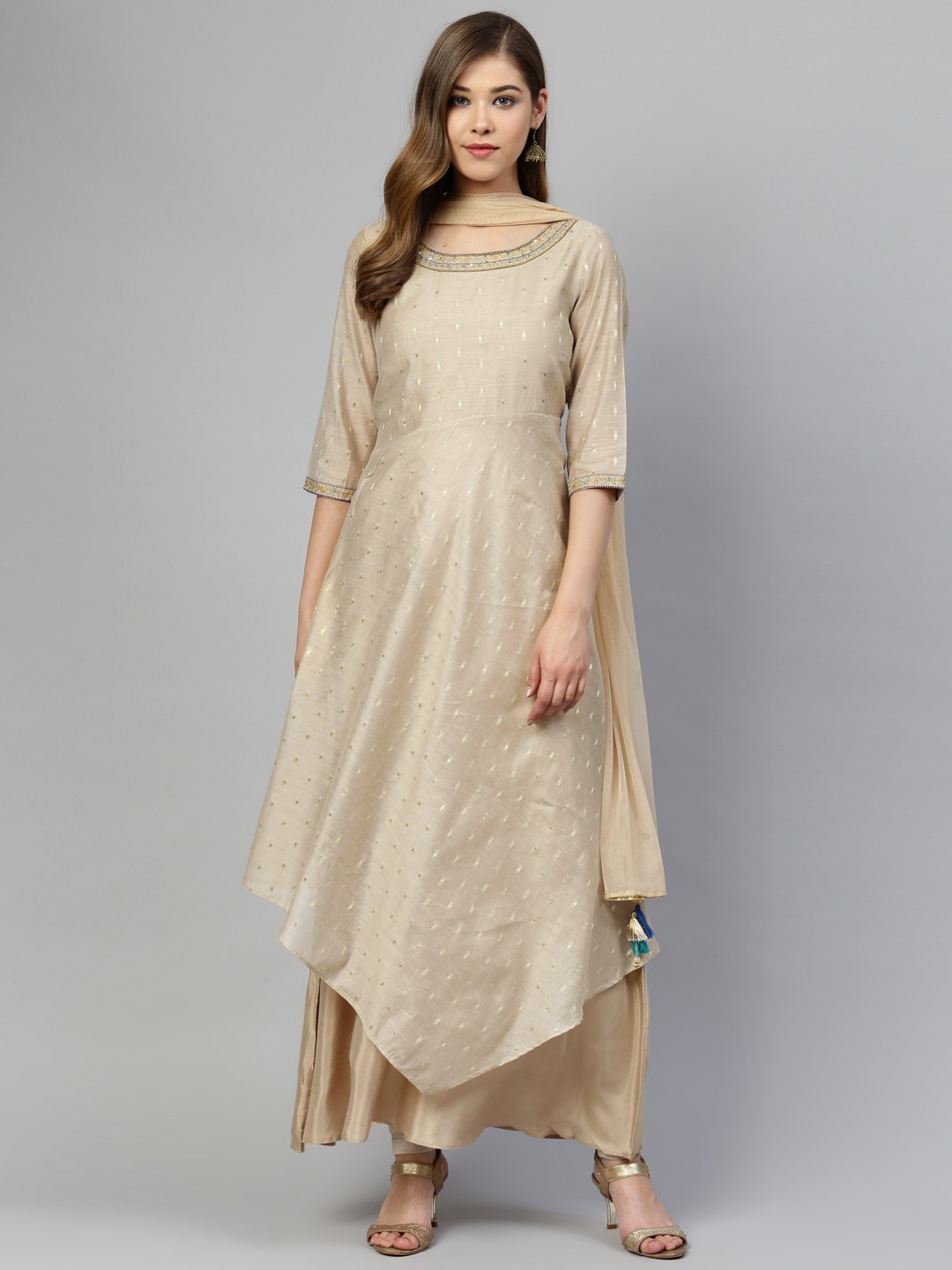 

AURELIA Women Beige & Golden Self Design Layered Kurta with Churidar & Dupatta