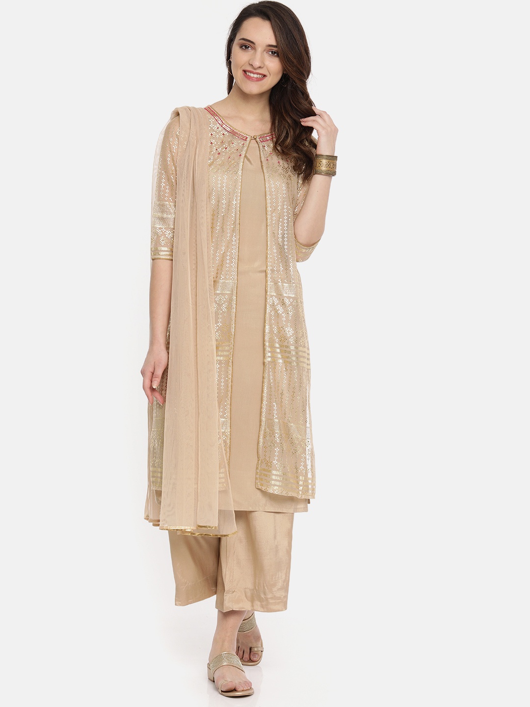 

AURELIA Women Beige & Gold-Toned Foil Printed Layered Kurta Set With Embellished Detailing