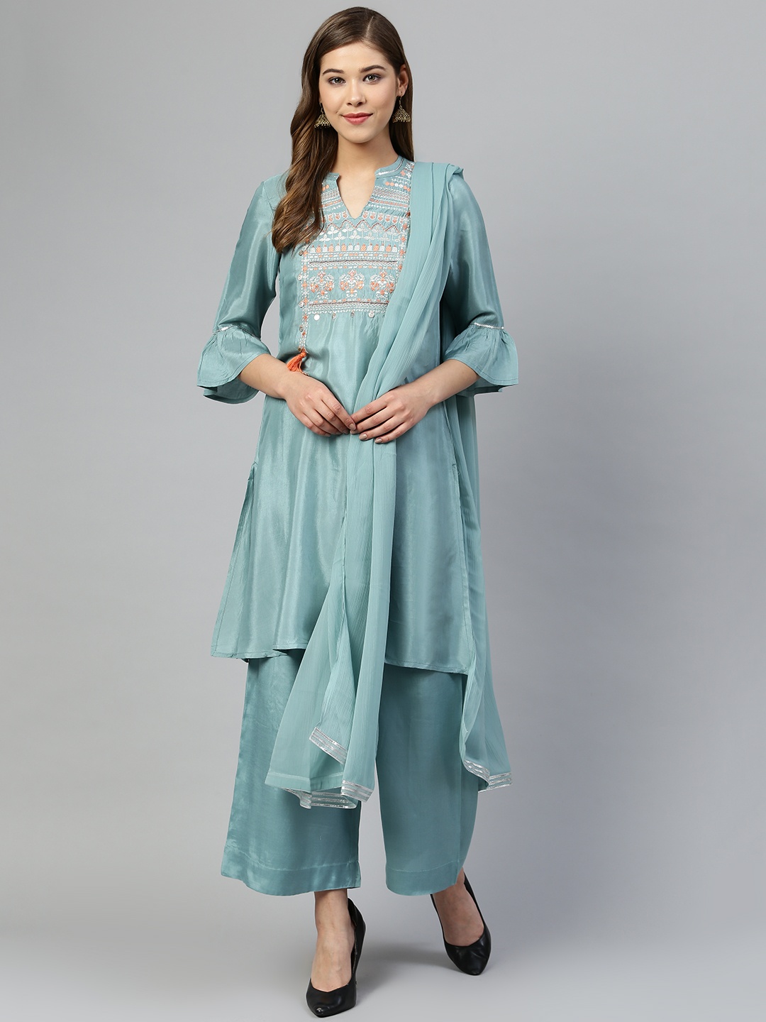 

AURELIA Women Blue & Pink Yoke Design Kurta with Palazzos & Dupatta