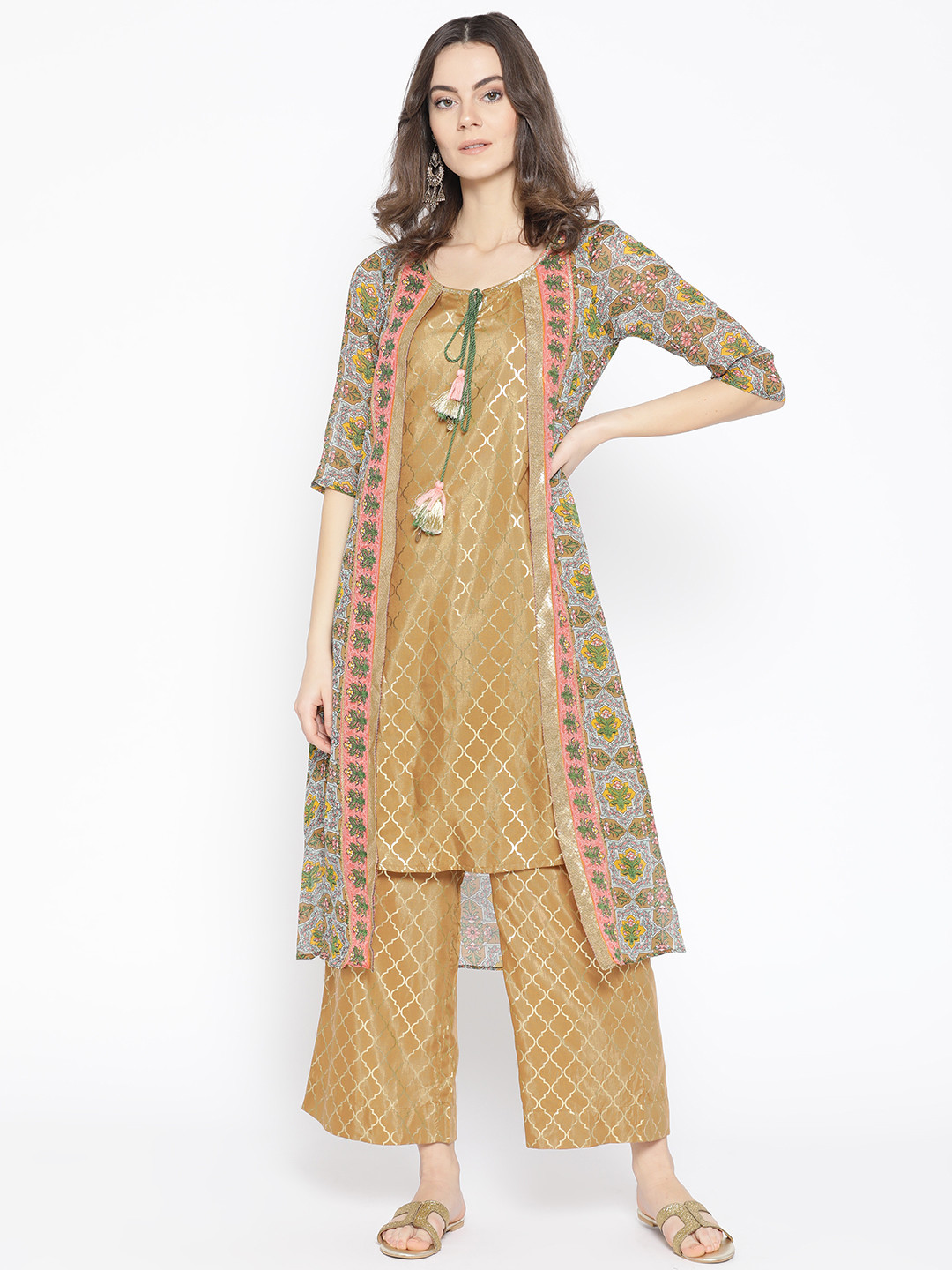 

AURELIA Women Brown & Golden Printed Layered Kurta with Palazzos