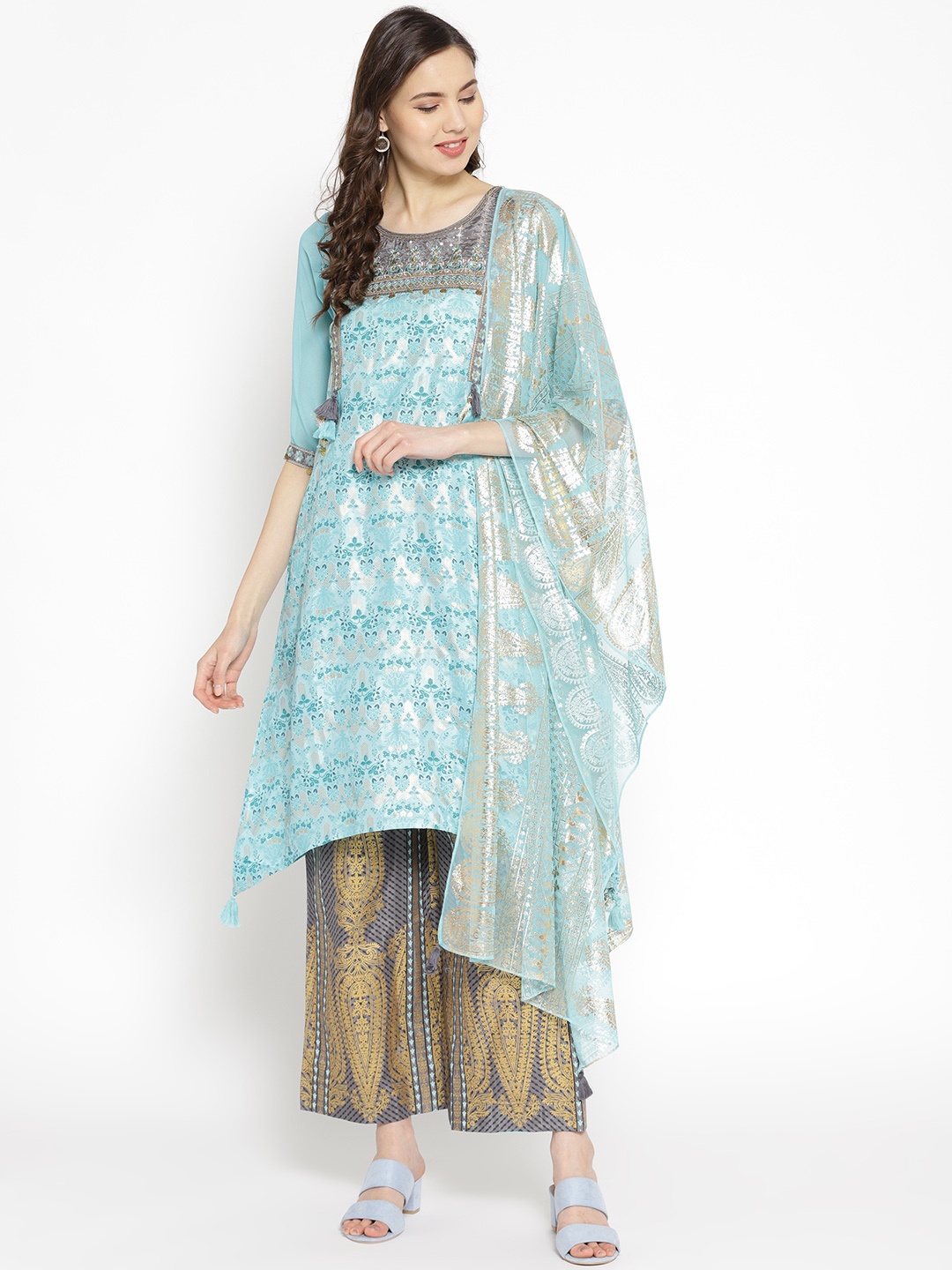 

AURELIA Women Blue & Charcoal Grey Yoke Design Kurta with Palazzos & Dupatta