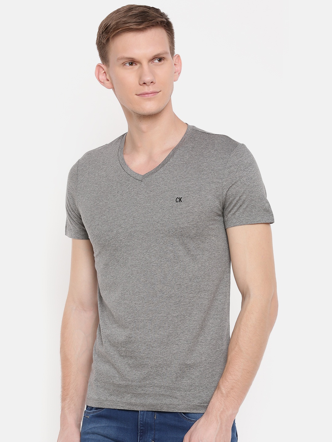 

Calvin Klein Jeans Men Grey Melange Solid V-Neck Pure Cotton T-shirt