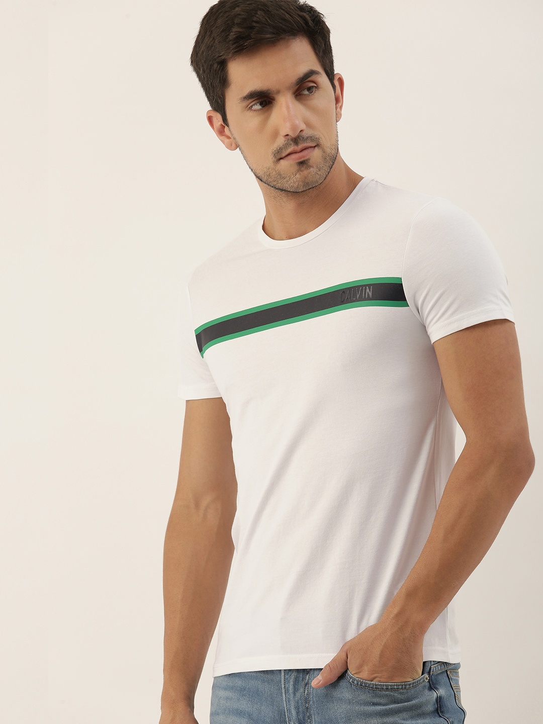 

Calvin Klein Jeans Men White Striped Slim Fit Round Neck T-shirt