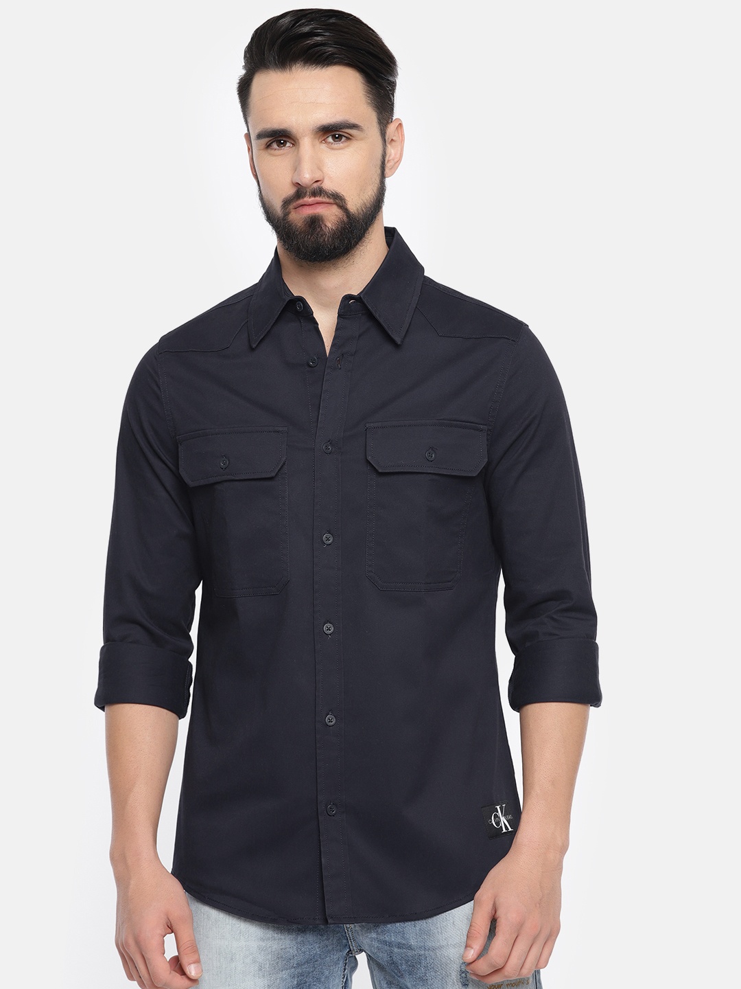 

Calvin Klein Jeans Men Navy Blue Slim Fit Solid Casual Shirt
