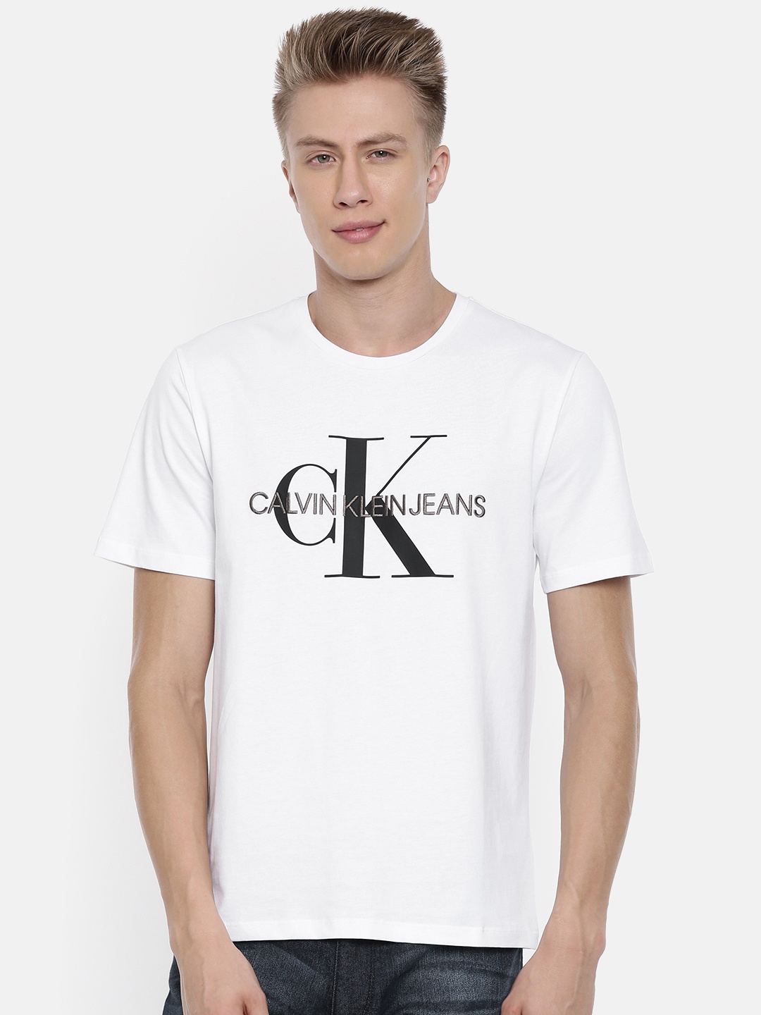 

Calvin Klein Jeans Men White Printed Slim Fit Round Neck Pure Cotton T-shirt