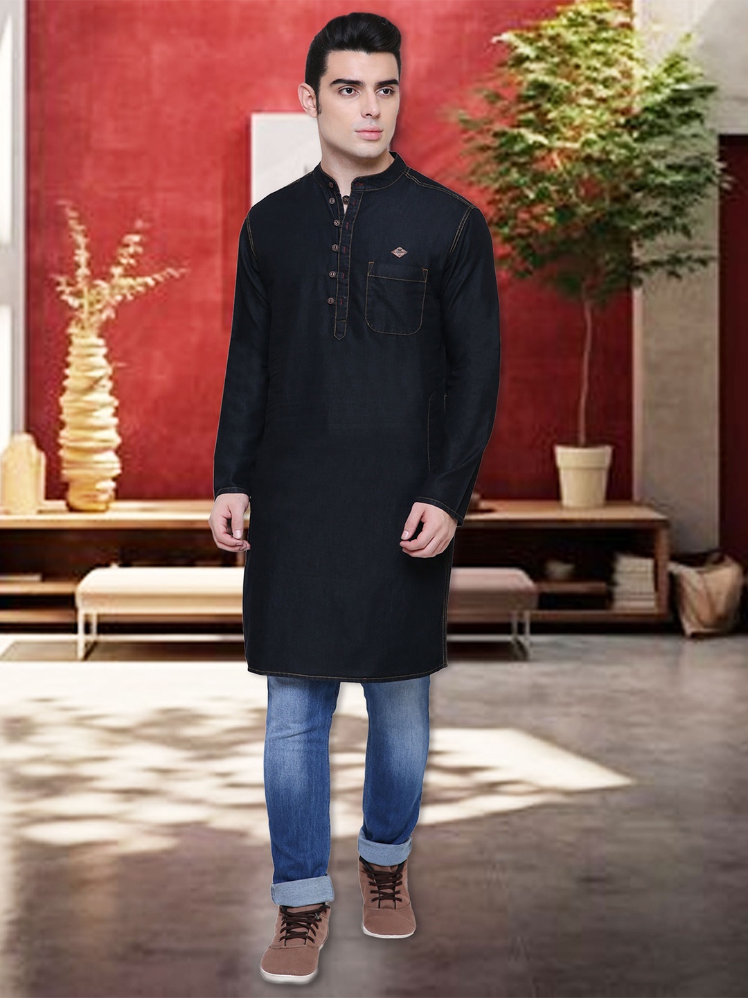 

Kuons Avenue Men Black Solid Straight Kurta
