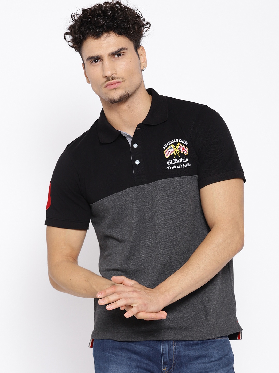 

American Crew Men Black & Charcoal Grey Colourblocked Polo T-shirt