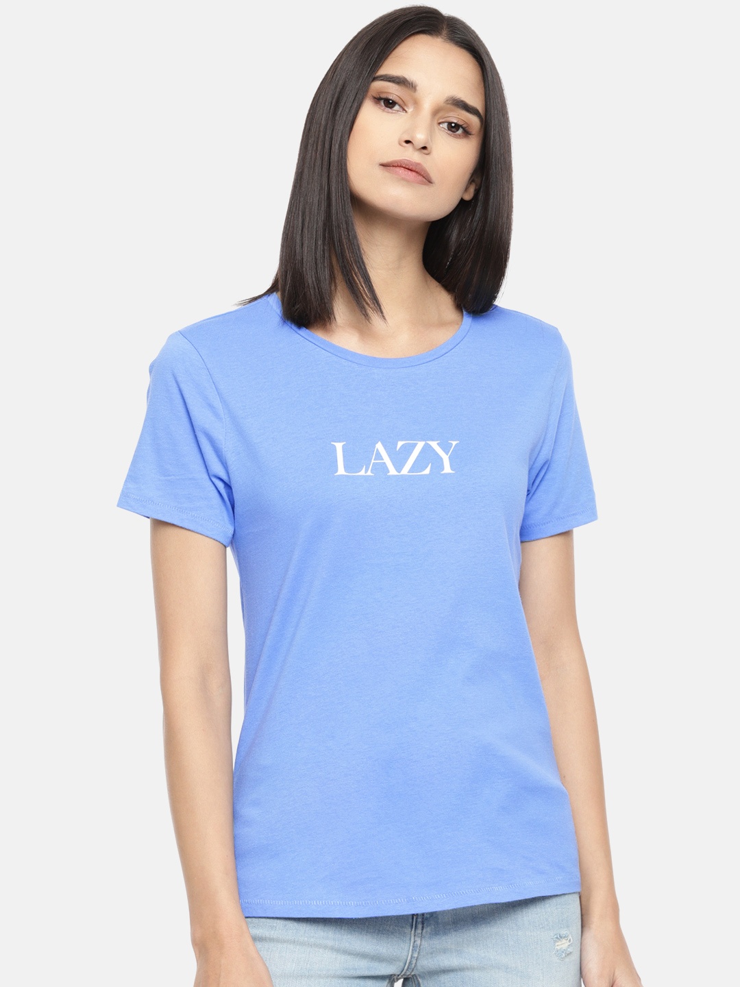 

ONLY Women Blue Printed Round Neck Pure Cotton T-shirt